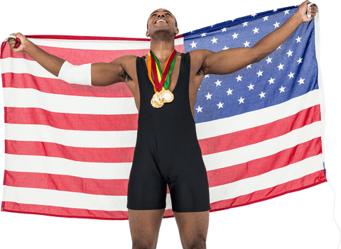 proud american athlete celebrating victory with transparent flag and medals - Download Free Stock Videos Pikwizard.com