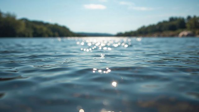 Glittering lake water rippling near tree-lined shoreline with sunlit bokeh reflections