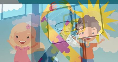 Colorful Autism Awareness Ribbon With Children Celebrating Outdoors