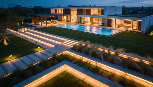 Modern luxury villa featuring illuminated rectangular pool and pergola at dusk