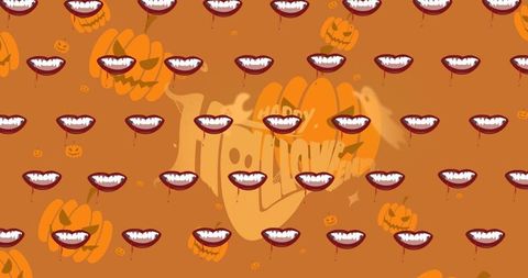 Playful halloween pattern with fangs, pumpkins, and ghosts