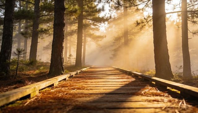 Sunlit wooden boardwalk through misty pine forest with golden morning rays