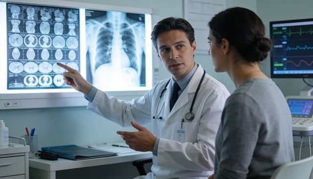 Physician explaining ct scans and chest x-ray to patient during radiology consultation