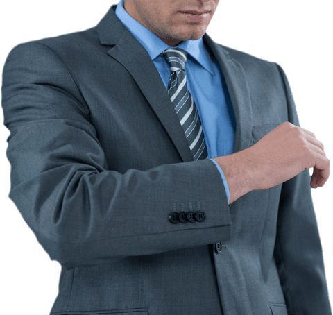 Businessman Adjusting Tie in Elegant Gray Suit on Transparent Background