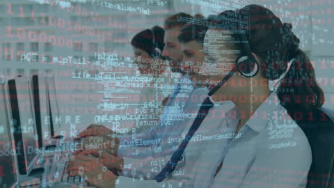 Customer Support Team with Overlaid Data Analytics Interface