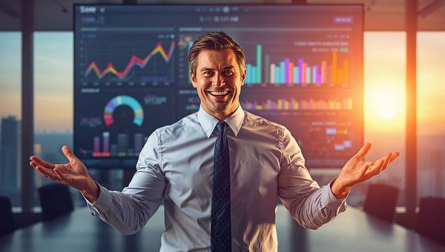 Confident Businessman Explaining Analytics in Modern Boardroom