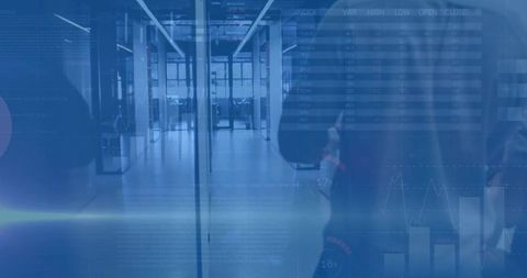 Executives Walking Glass Corridor with Financial Data Overlays & Charts