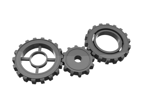 Connecting grey gears on transparent background vector design