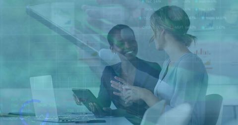 Business Professionals Discussing Data with Technology Interface Overlay