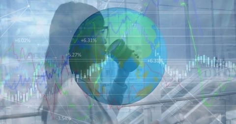 Global fintech image with biracial businesswoman analyzing data