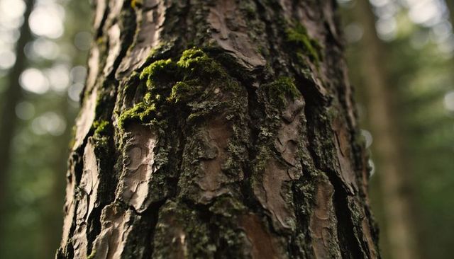Moss-covered pine bark close-up revealing deep fissures, lichen and forest bokeh texture