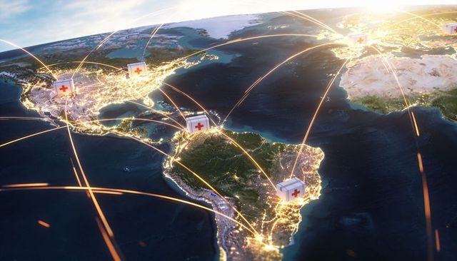 Connecting medical logistics across americas with illuminated city networks and aid hubs