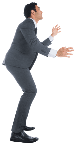 Transparent Biracial Businessman Raising Hands and Looking Upward