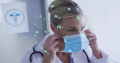 Female Doctor Adjusting Surgical Mask with Telehealth Network Icons and Stethoscope
