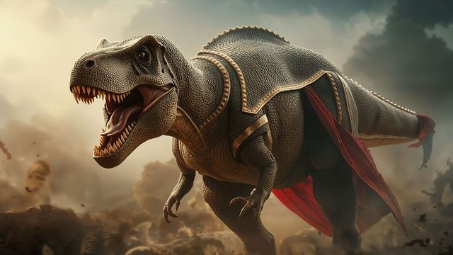 Armored t-rex charging through fantasy battlefield