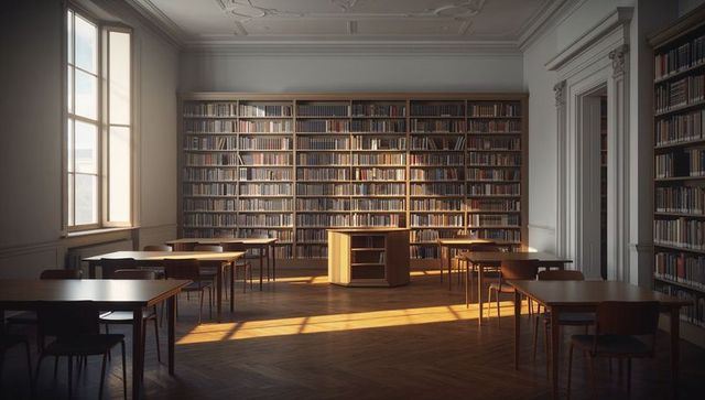 Sunlit Classic Library Interior with Tall Wooden Bookcases, Parquet Flooring, Study Tables