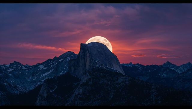 Full moon illuminating yosemite granite dome at twilight