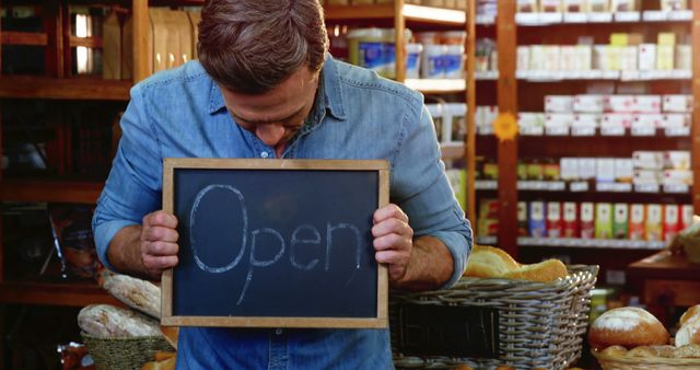 Man holding an 'Open' sign in front of a bakery. Bread and other baked goods displayed on shelves behind him. Can be used in features about small businesses, entrepreneurs, food outlets, local markets, and customer service.