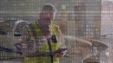 Worker in Safety Vest Analyzing Digital Data with Binary Code Transparency