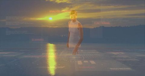 Woman Uses Holographic Interface Technology Over Lakeshore Sunset