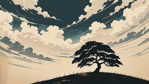Anime lone tree silhouette with swirling clouds on hilltop