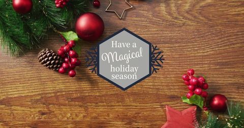 Festive Holiday Greeting Card with Red Baubles and Evergreen Decor