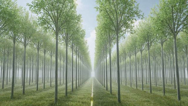 Symmetrical tree avenue converging to bright horizon with misty grass and central pathway