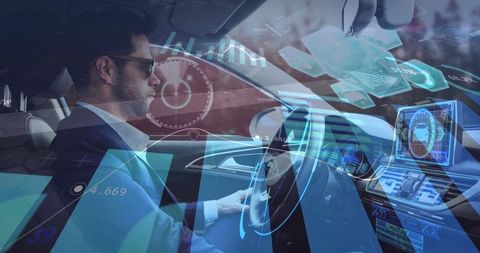 Man driving self-driving car with futuristic digital interfaces