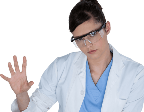 Transparent Female Scientist Gesturing Hand Raised - Download Free Stock Videos Pikwizard.com
