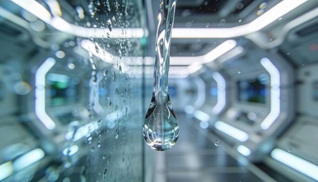 Hanging water droplet reflecting futuristic hexagonal corridor with led lights