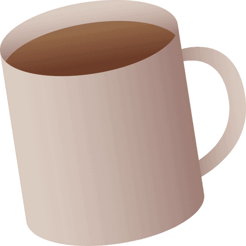 Transparent beige mug tilted with brown liquid inside graphic