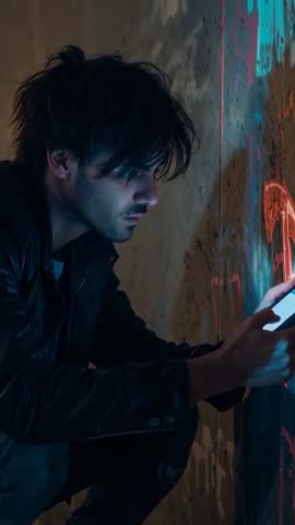 Scanning Phone Under Neon Graffiti in Alleyway at Night — Vertical Urban Tech Video