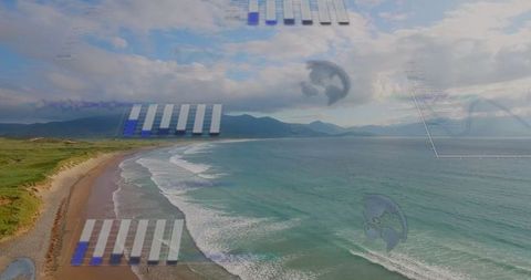 Digital Integration Over Serene Coastal Landscape Aerial View