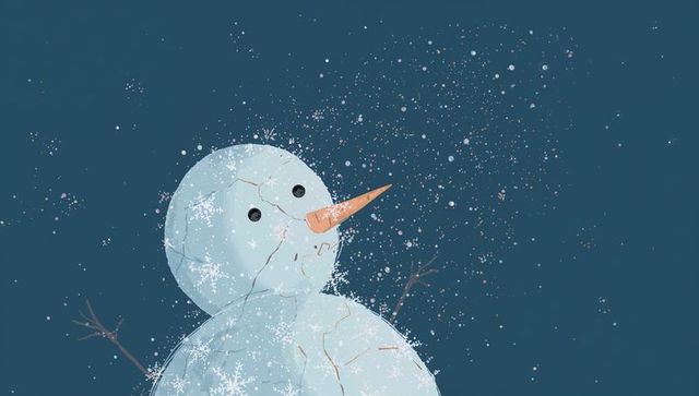 Cracked snowman under indigo night sky, carrot nose and button eyes, snowflakes scattering