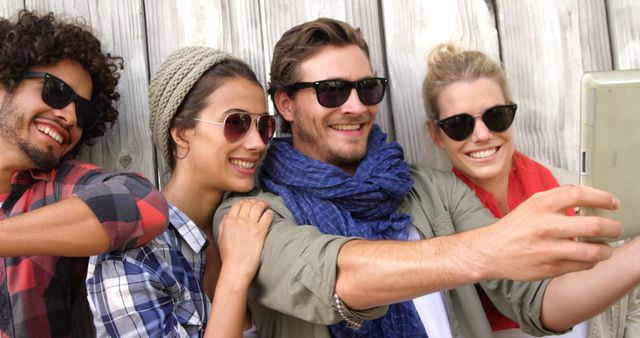 Smiling Group of Friends Taking Selfie in Casual Outfits - Download Free Stock Images Pikwizard.com