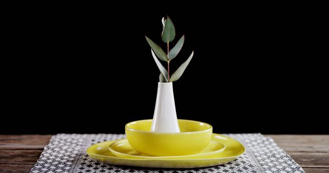 A single green leafy branch stands elegantly in a sleek white vase placed on a vibrant yellow plate, with copy space. The contrast of colors and the simplicity of the arrangement create a minimalist aesthetic.