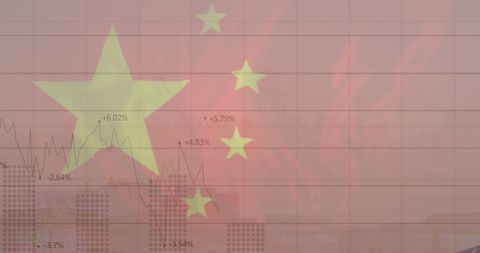 Chinese Economy Concept with Flag and Financial Data Over Cityscape