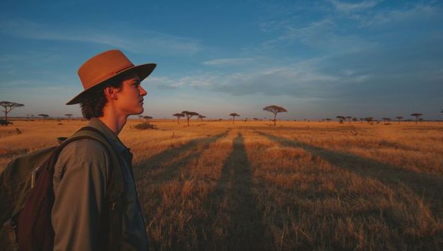 Young traveler standing on african savanna at golden hour wearing tan hat and backpack
