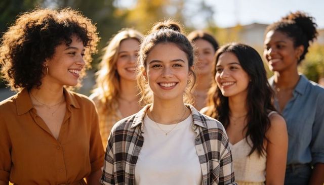 Diverse young women smiling in golden hour campus portrait friends lifestyle group