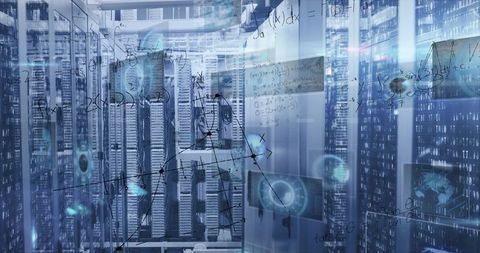 Futuristic Data Center with Holographic Technology Overlays