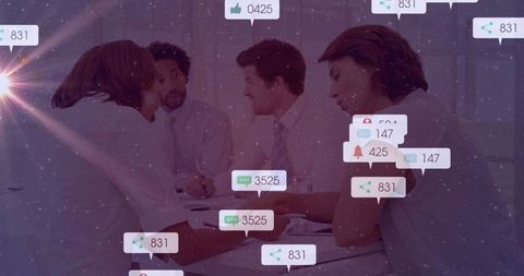 Business Team in Meeting with Digital Technology Overlay