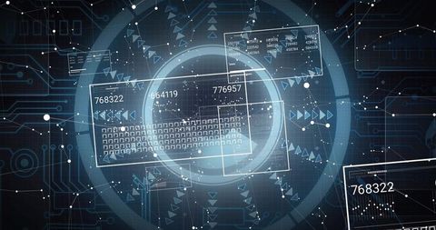 Futuristic Holographic Data HUD with Circular Interface, Numeric Panels, Keyboard Grid