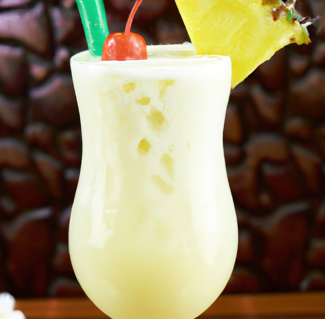 This tropical Pina Colada cocktail with a cherry and pineapple garnish makes an excellent choice for summer beach parties, tropical-themed events, bars, and restaurants' menu promotions. Ideal for use in food and drink blogs, summer vacation brochures, and tropical holiday advertisements.
