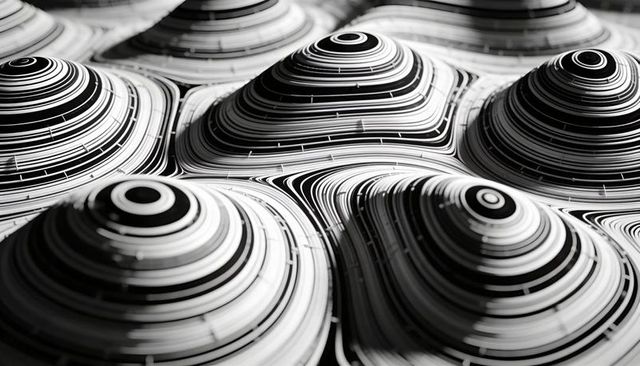 Monochrome concentric domes striated rings deep shadows abstract 3d geometry pattern