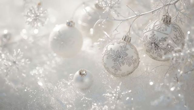 White and Silver Christmas Ornaments with Sparkling Snowflake Design on Frosted Tinsel