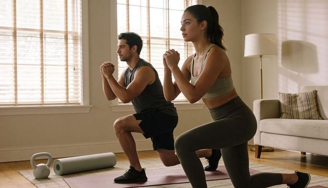 Couple Lunging Together During Sunlit Home Workout on Mats with Kettlebell and Foam Roller