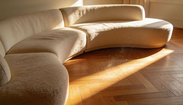 Curved cream bouclé sofa bathing in warm sunlight on herringbone parquet with floating dust