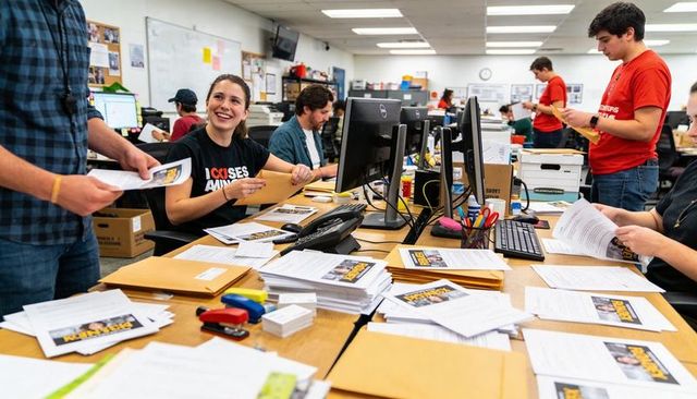 Volunteers packing mailers and organizing campaign materials at busy office worktable