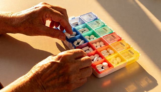 Senior hands organizing daily pills in colorful weekly pill organizer on sunlit table
