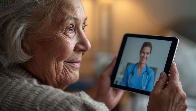 Senior woman holding tablet during warm telemedicine consultation with smiling clinician